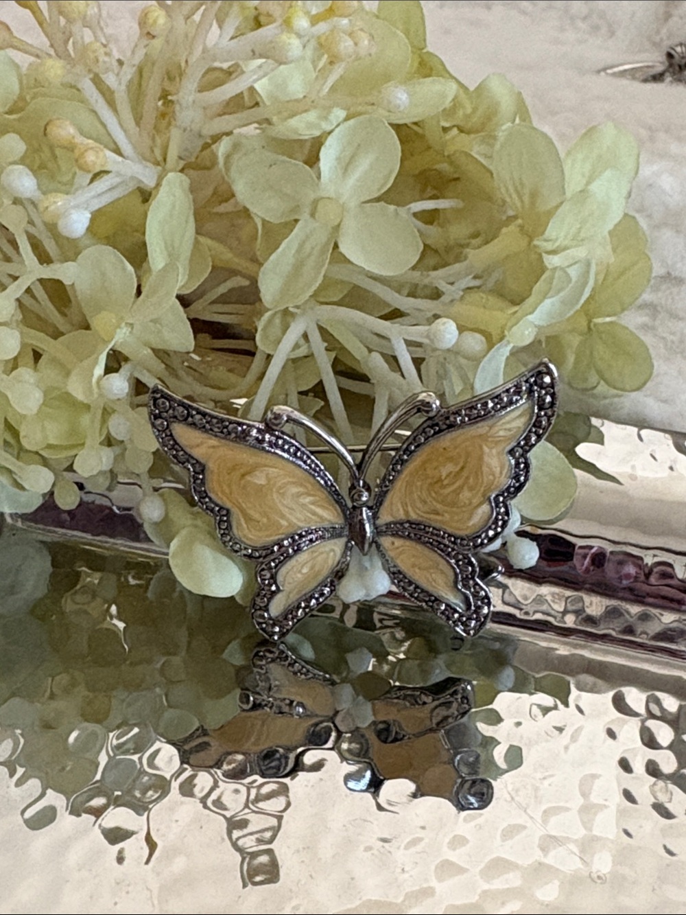 Butterfly Brooch Pin in Cream and Silver